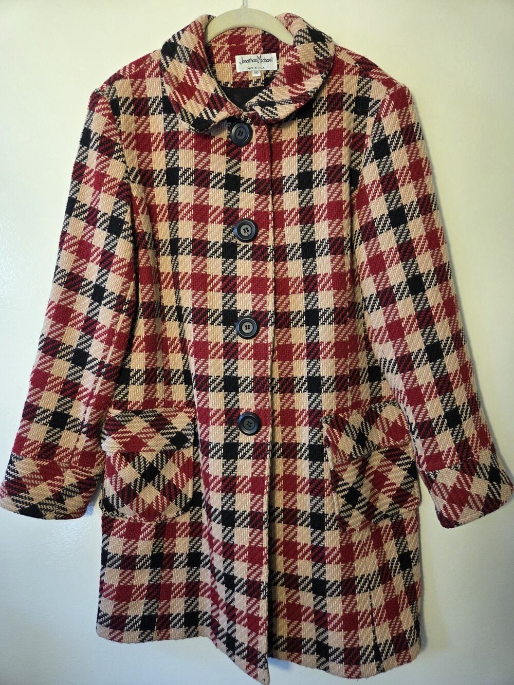 Vtg Jonathan Michael Long Wool Blend Coat Sz 10 USA Made In Plaid Red Black Tan